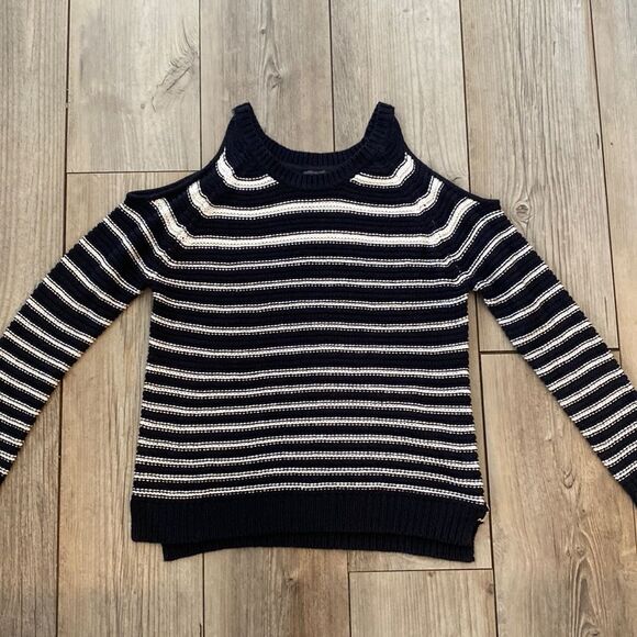 Quinn Medium Knitted Sweater with Peek a Boo Shoulders Navy and White - Picture 1 of 7